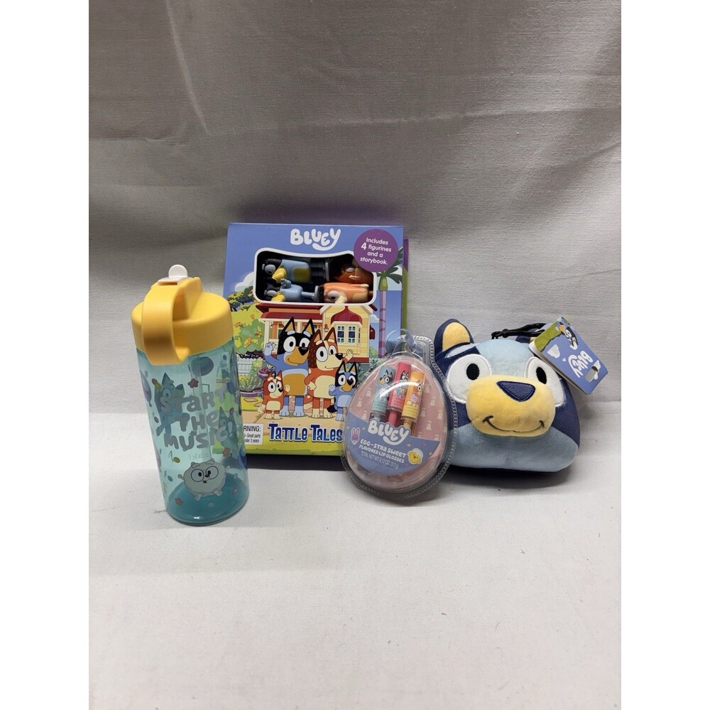 Bluey Gift Bundle Plush Water Bottle Tattle Tales 4 Figures Lip Gloss NWT
